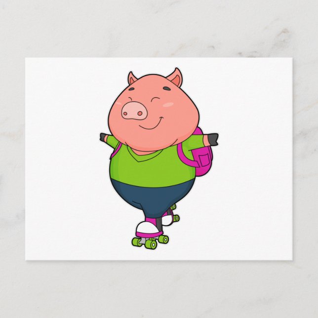 Schwein beim Inline-Skating mit Rollschuhen Postkarte (Vorderseite)