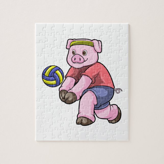 Schwein beim Sport mit Volleyball (Vertikal)