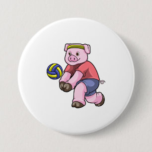 Schwein beim Sport mit Volleyball Button