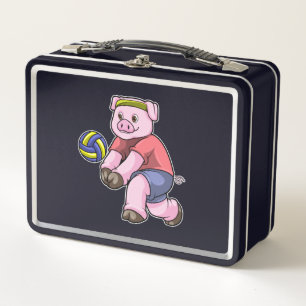 Schwein beim Sport mit Volleyball Metall Brotdose