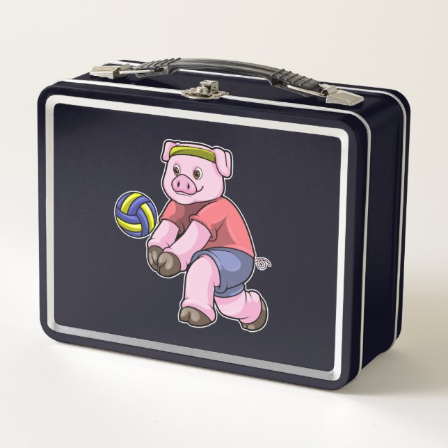Schwein beim Sport mit Volleyball Metall Brotdose (Vorderseite)