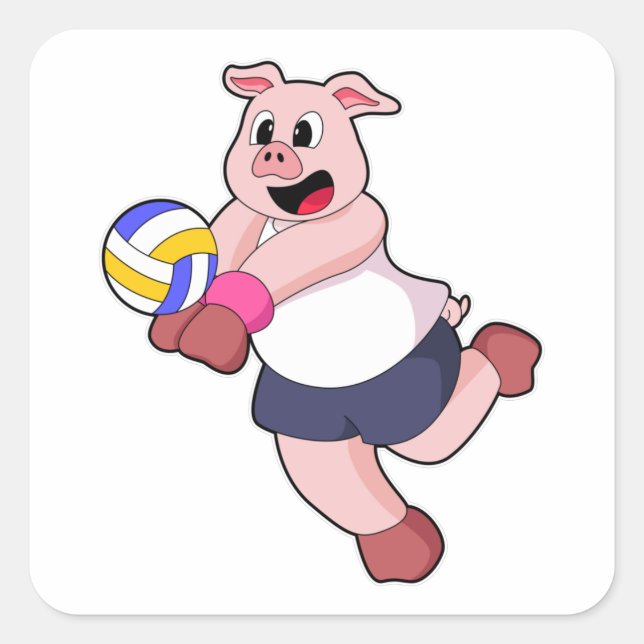 Schwein beim Volleyball-Sport Quadratischer Aufkleber (Vorderseite)
