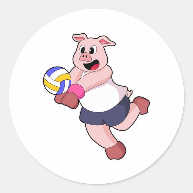 Schwein beim Volleyball-Sport Runder Aufkleber (Vorderseite)