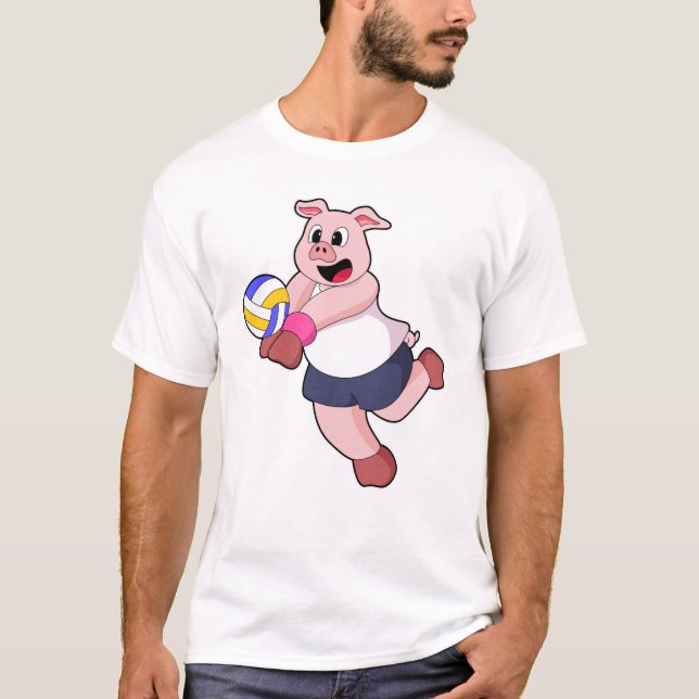 Schwein beim Volleyball-Sport T-Shirt (Vorderseite)