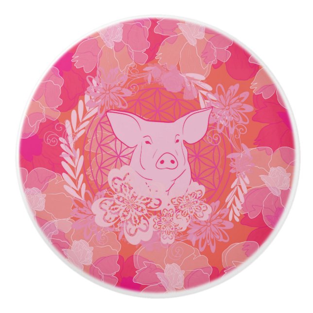 Schwein, Blume des Lebens, blau, mandala,zen,chakr Keramikknauf (Vorderseite)
