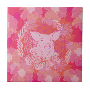 Schwein,Blume des Lebens, blau, Mandala,Zen,Chakra Fliese