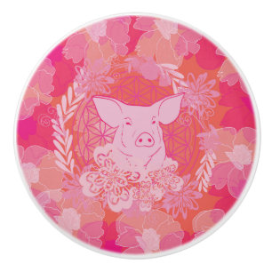 Schwein,Blume des Lebens, blau, Mandala,Zen,Chakra Keramikknauf