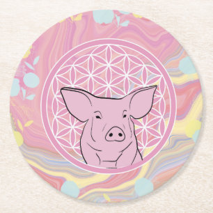 Schwein, Blume des Lebens, Rose, Mandala,Zen,Chakr Runder Pappuntersetzer