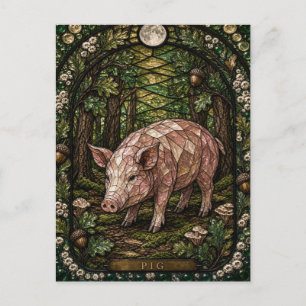 Schwein, Eichel Glasmalerei Postkarte
