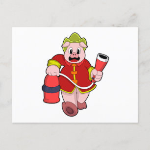 Schwein Feuerwehrmann Feuerlöscher Postkarte