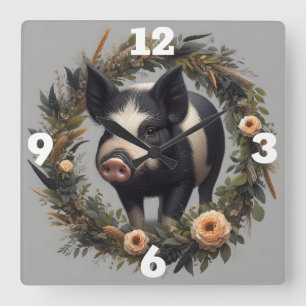 Schwein im Blumenkranz Quadratische Wanduhr