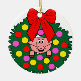 Schwein im WeihnachtsKranz Keramik Ornament