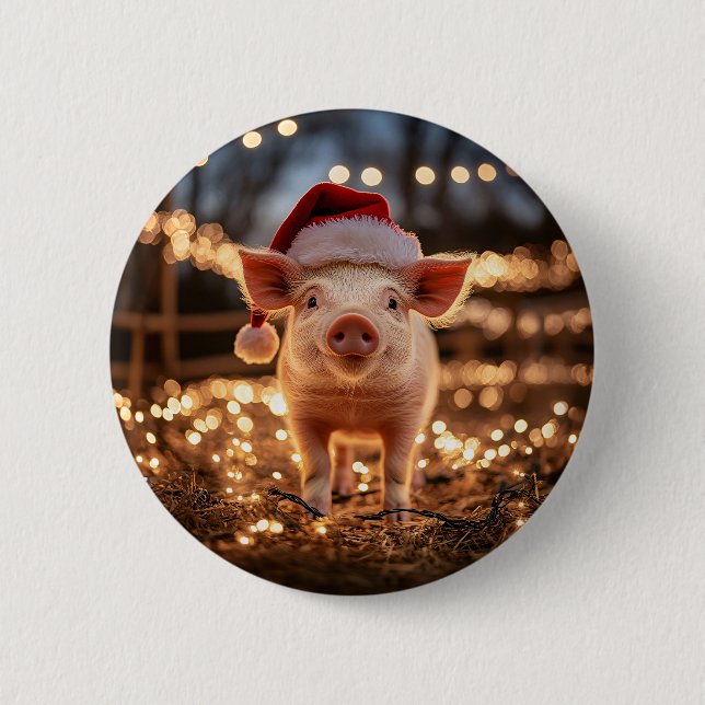 Schwein in einer Weihnachtsmannmütze Button (Vorderseite)