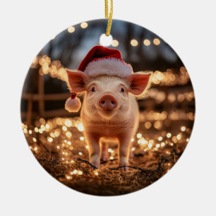 Schwein in einer Weihnachtsmannmütze Keramik Ornament
