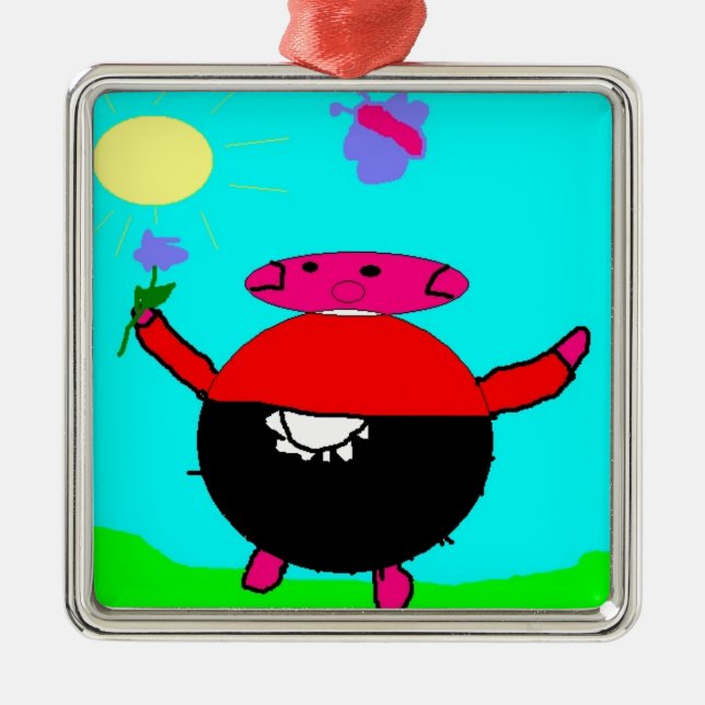 Schwein mit Blume und Schmetterling in der Sonne,  Silbernes Ornament (Vorne)