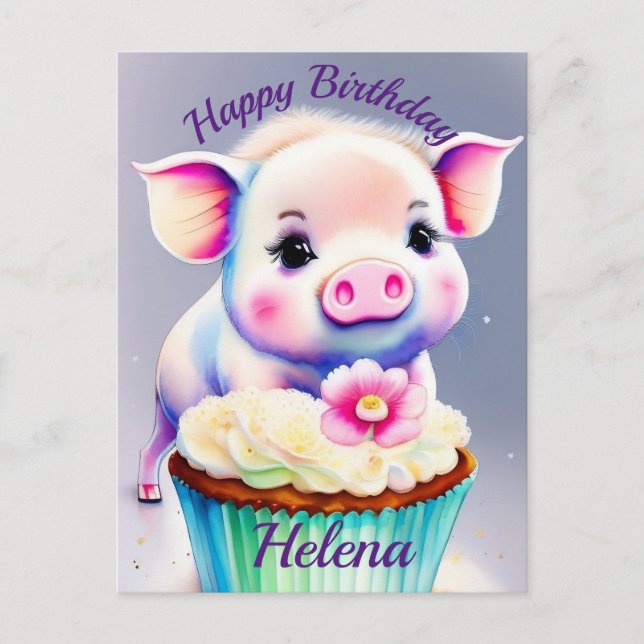 Schwein mit cupcake Wasserfarbenbild Postkarte (Vorderseite)