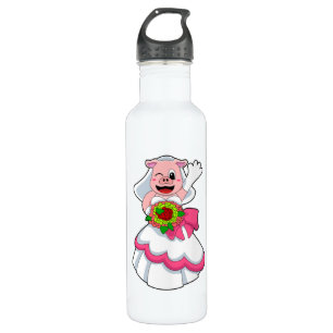 Schwein mit Hochzeitskleid und Blumenstrauß Edelstahlflasche