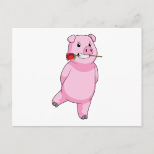 Schwein mit Rosenblume Postkarte
