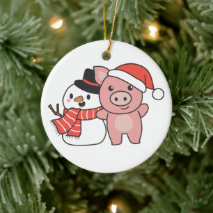 Schwein mit Schneemann im Winter zu Weihnachten Ke Keramik Ornament
