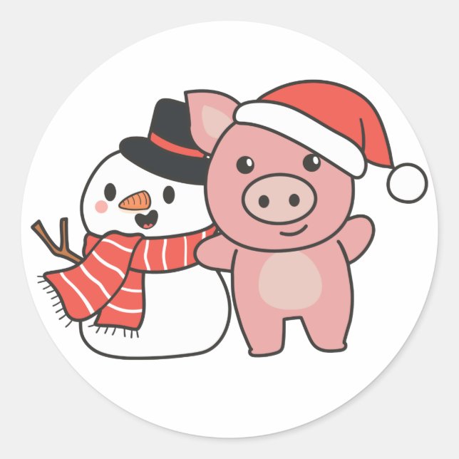 Schwein mit Schneemann im Winter zu Weihnachten Kl Runder Aufkleber (Vorderseite)