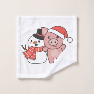 Schwein mit Schneemann im Winter zu Weihnachten Waschlappen