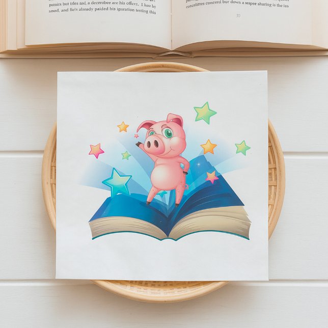 Schwein tanzt auf Servietten mit Buch (Von Creator hochgeladen)