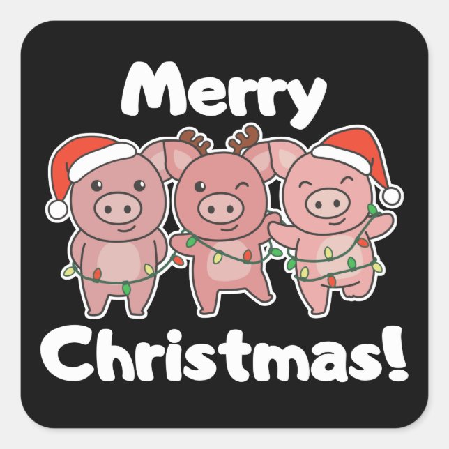 Schwein Weihnachten Niedliche Schweine Frohe Weihn Quadratischer Aufkleber (Vorderseite)