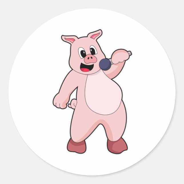 Schweinchen beim Singen mit Mikrofon Runder Aufkleber (Vorderseite)