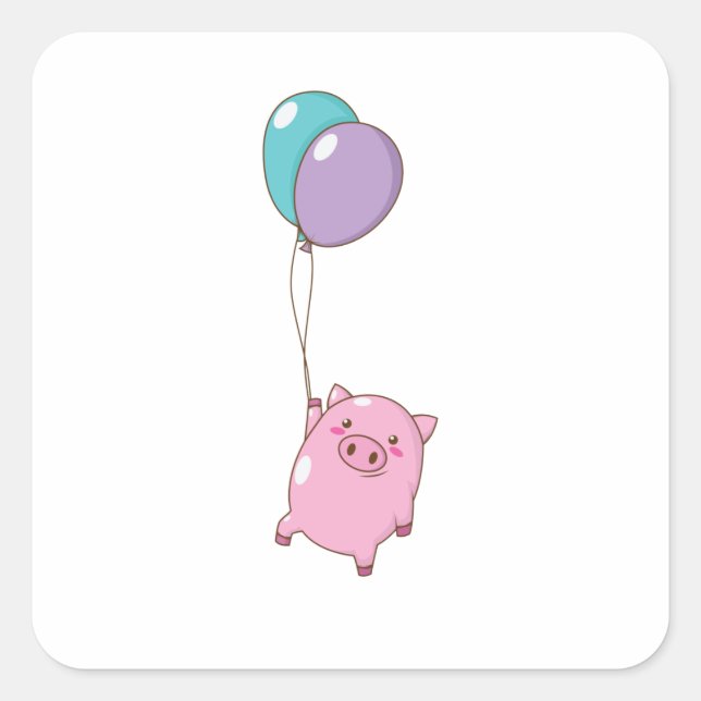 Schweinchen fliegt mit Ballons Quadratischer Aufkleber (Vorderseite)