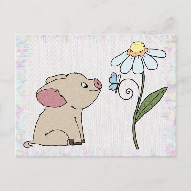 Schweinchen mit Blume Postkarte (Vorderseite)