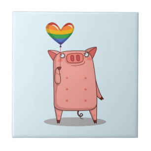 Schweinchen mit Regenbogenballon Fliese