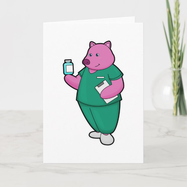 Schweine als Krankenschwester mit Arzneimittel Karte (Vorderseite)