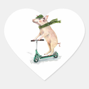 Schweine auf einem Roller Herz-Aufkleber