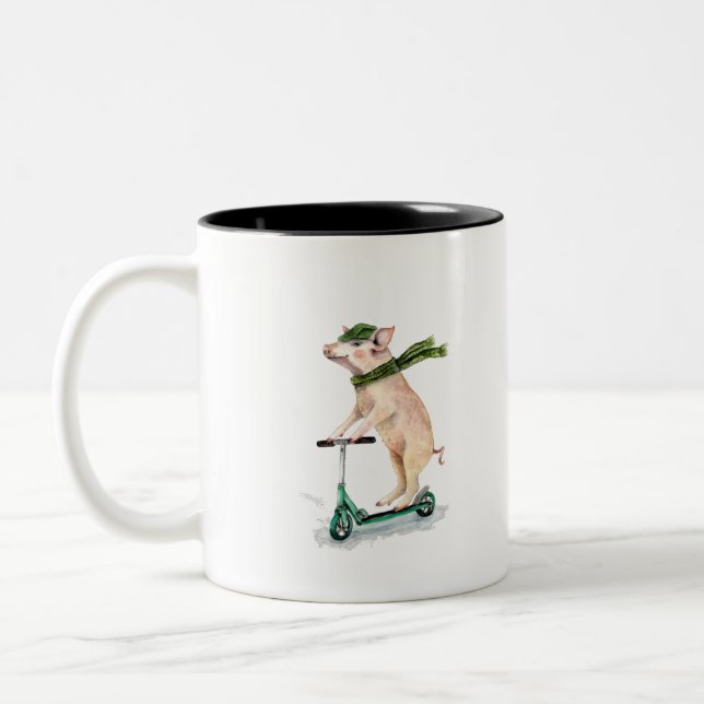 Schweine auf einem Roller Zweifarbige Tasse (Links)
