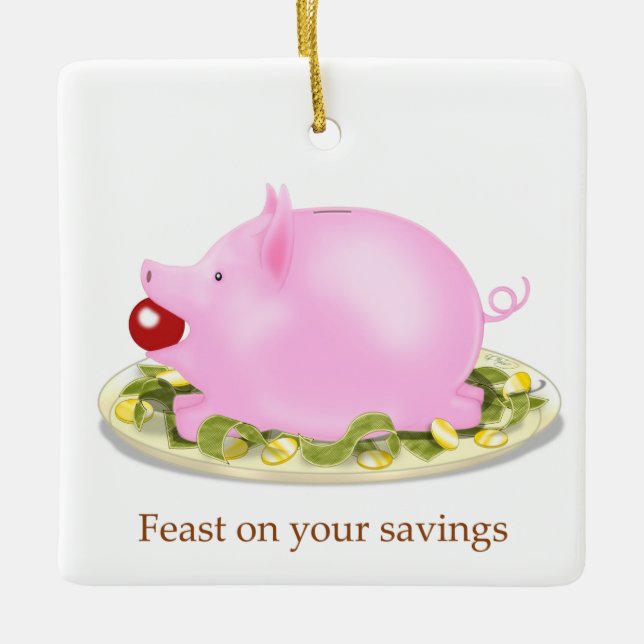 Schweine Bank "Fest auf deine Ersparnisse" Geld Keramikornament (Vorderseite)