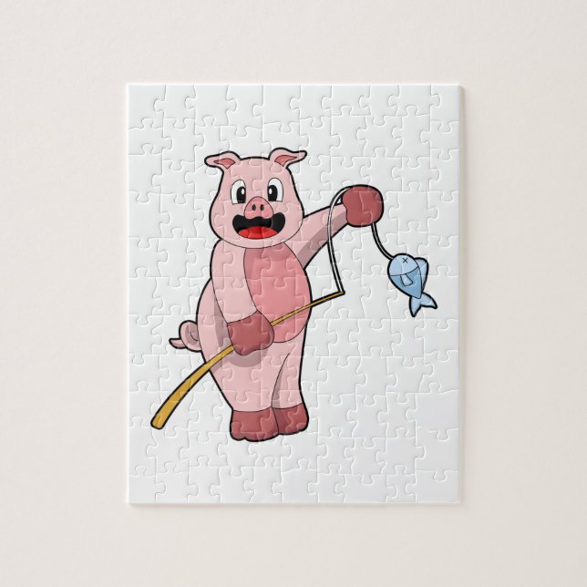 Schweine beim Angeln mit Angelrute und Fisch (Vertikal)