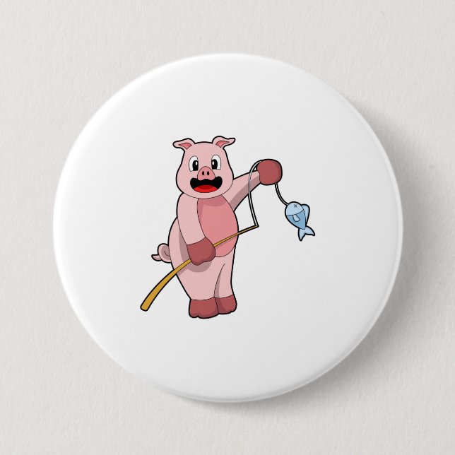 Schweine beim Angeln mit Angelrute und Fisch Button (Vorderseite)