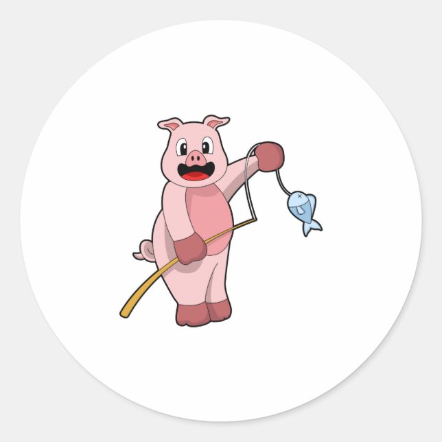 Schweine beim Angeln mit Angelrute und Fisch Runder Aufkleber (Vorderseite)
