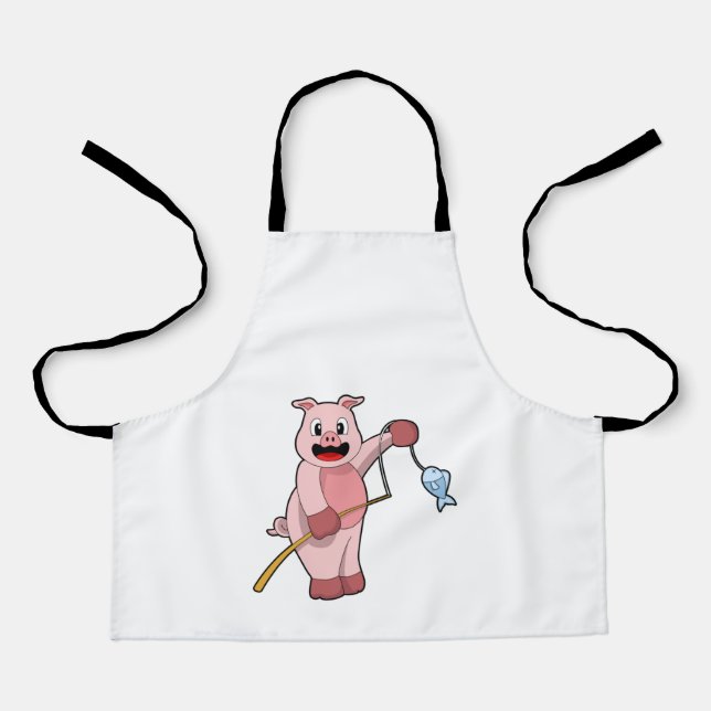 Schweine beim Angeln mit Angelrute und Fisch Schürze (Vorderseite)