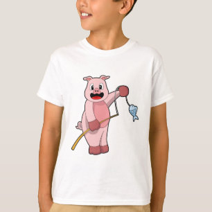Schweine beim Angeln mit Angelrute und Fisch T-Shirt