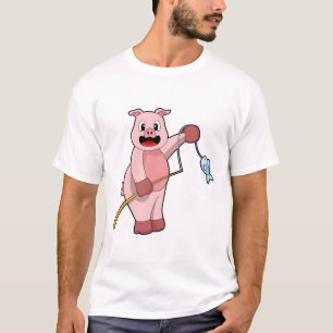 Schweine beim Angeln mit Angelrute und Fisch T-Shirt
