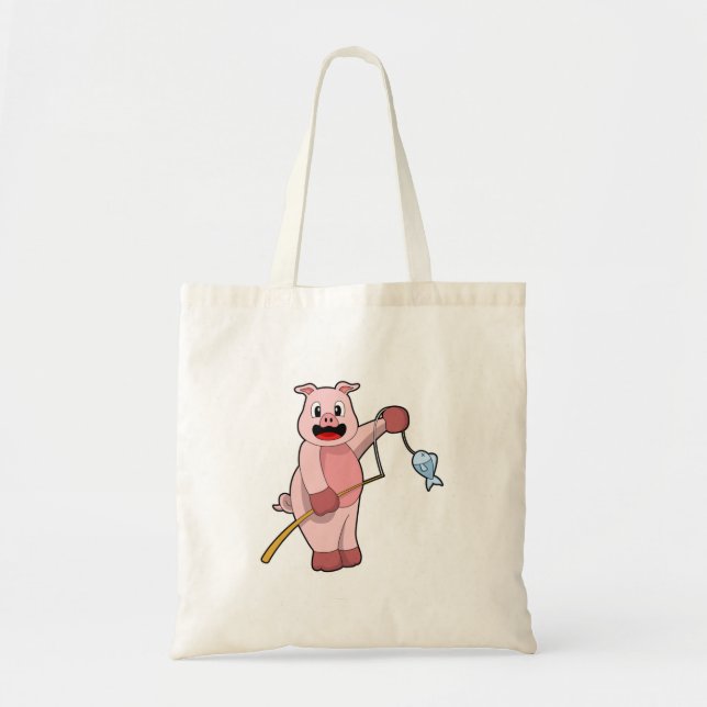 Schweine beim Angeln mit Angelrute und Fisch Tragetasche (Vorne)