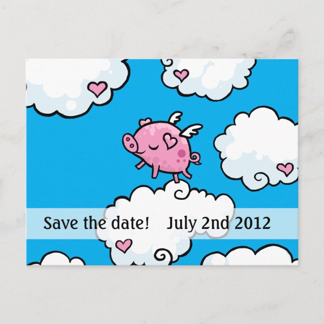Schweine fliegen Save the Date auf Postkarte (Vorderseite)