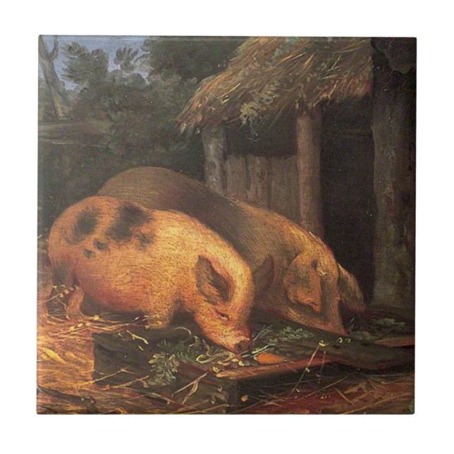 Schweine in einem Trog (Landtiere) Fliese (Vorderseite)