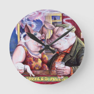 Schweine in einer Kneipen-Wanduhr Runde Wanduhr