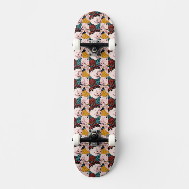 Schweine mit Hut-Muster Skateboard (Vorderseite)