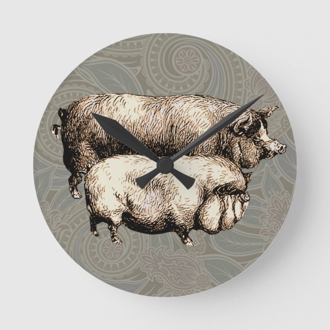 Schweinefarm Land Antike Illustration Kunst, Dicht Runde Wanduhr (Vorderseite)