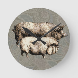 Schweinefarm Land Antike Illustration Kunst, Dicht Runde Wanduhr