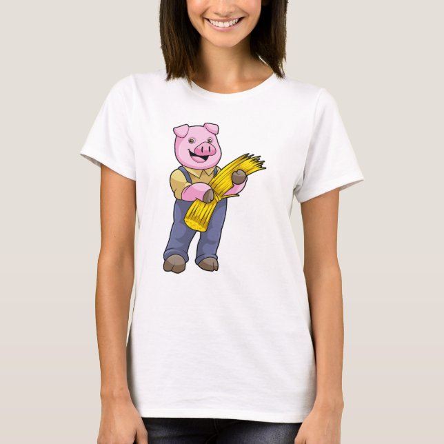 Schweinefleisch als Bauer mit Stroh T-Shirt (Vorderseite)
