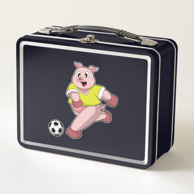 Schweinefleisch als Fußball-Spieler mit Fußball Metall Brotdose (Vorderseite)